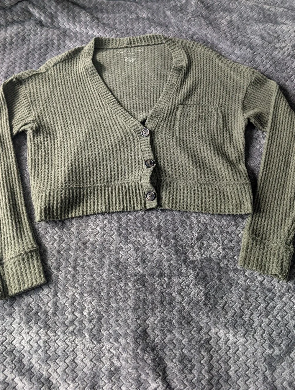 American Eagle Outfitters Olive Green Waffle-Knit Cropped Cardigan